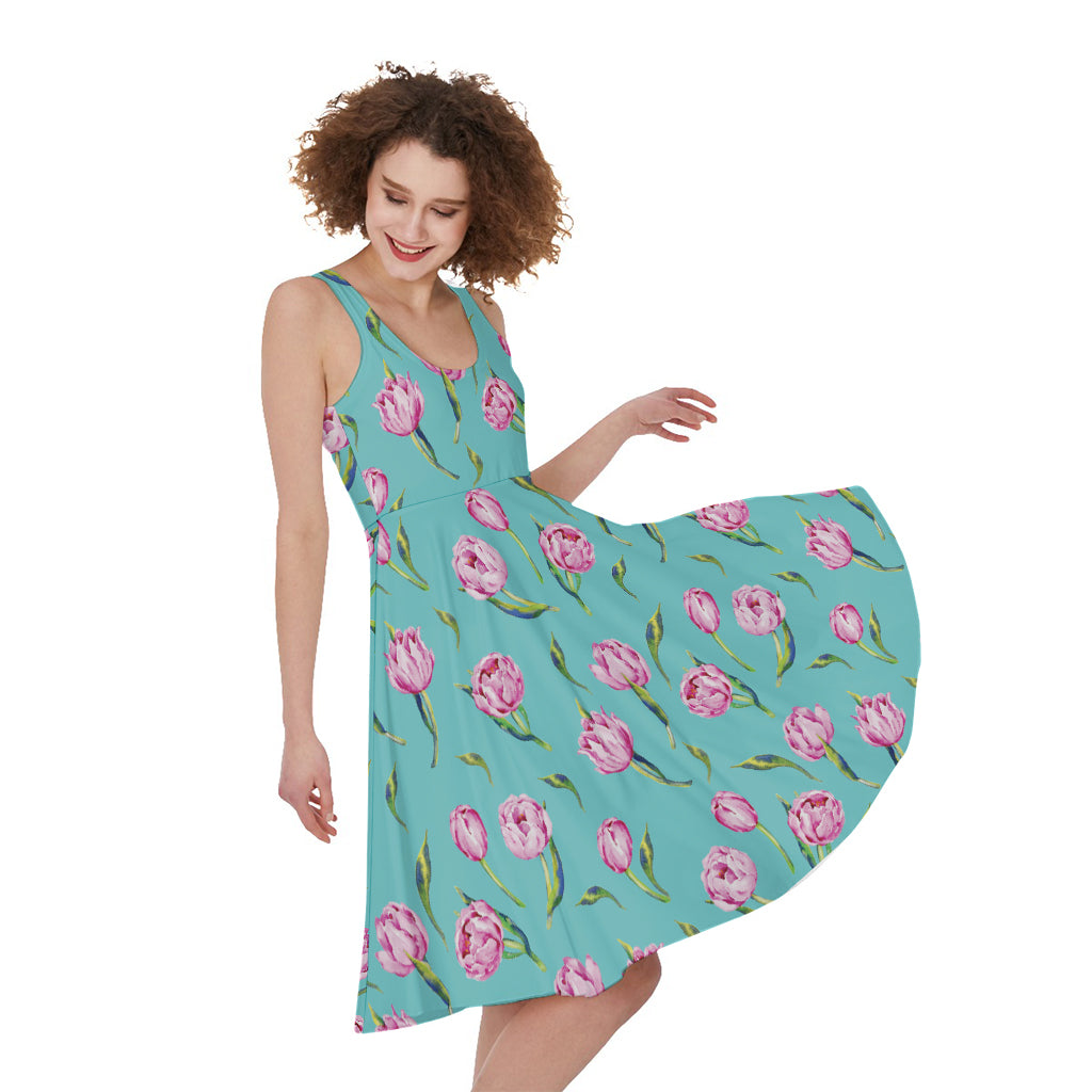 Pink Watercolor Tulip Pattern Print Women's Sleeveless Dress