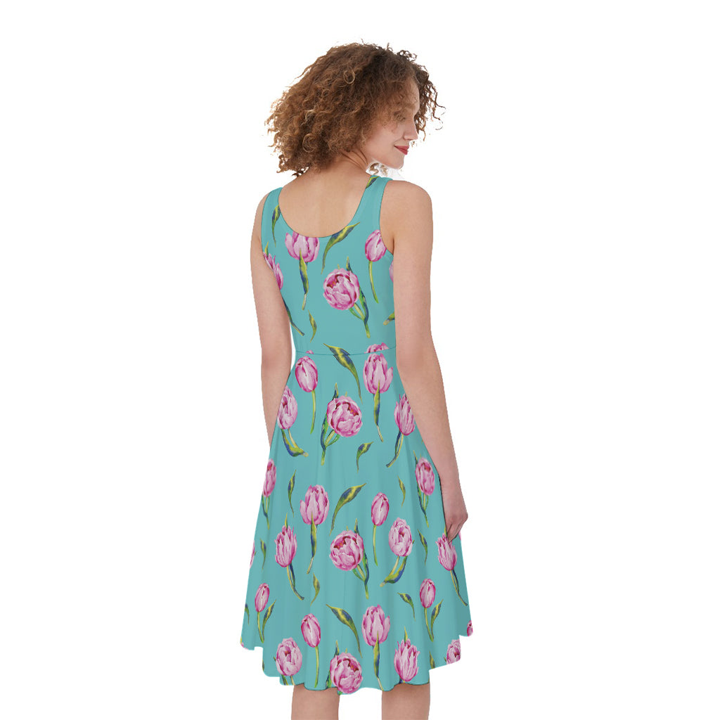 Pink Watercolor Tulip Pattern Print Women's Sleeveless Dress
