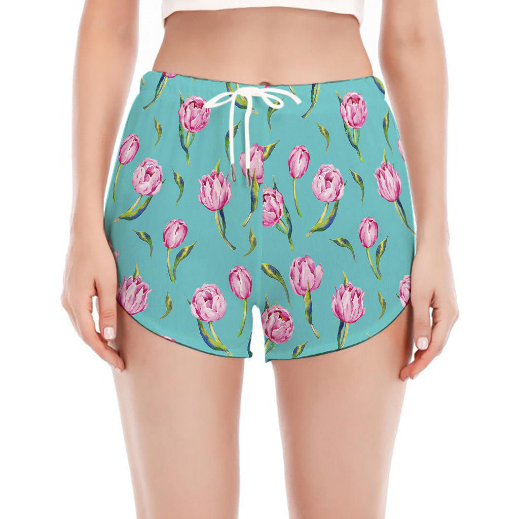Pink Watercolor Tulip Pattern Print Women's Split Running Shorts