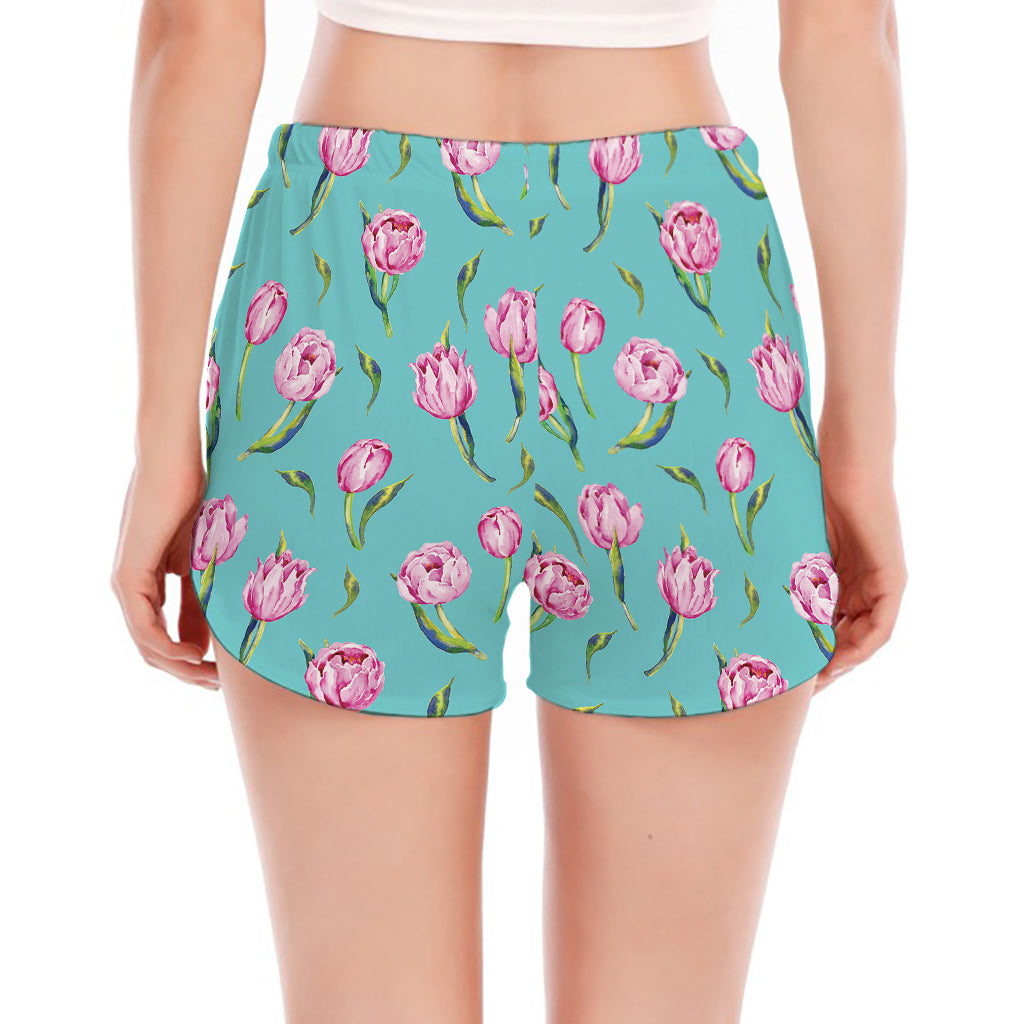 Pink Watercolor Tulip Pattern Print Women's Split Running Shorts