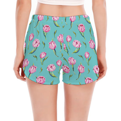 Pink Watercolor Tulip Pattern Print Women's Split Running Shorts
