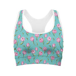 Pink Watercolor Tulip Pattern Print Women's Sports Bra