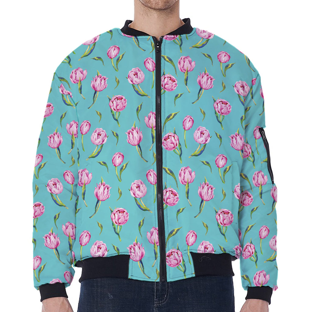 Pink Watercolor Tulip Pattern Print Zip Sleeve Bomber Jacket