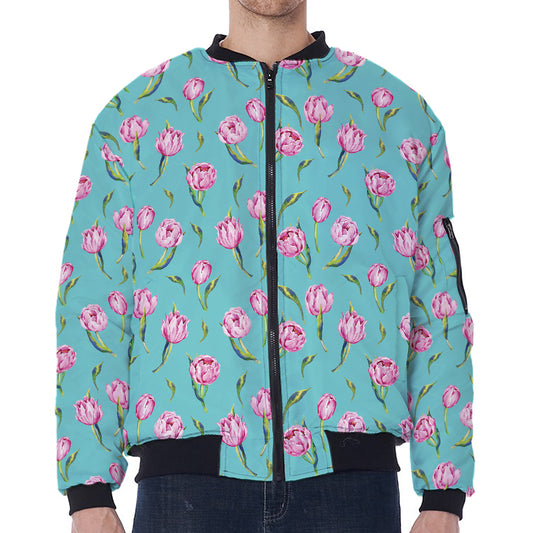 Pink Watercolor Tulip Pattern Print Zip Sleeve Bomber Jacket