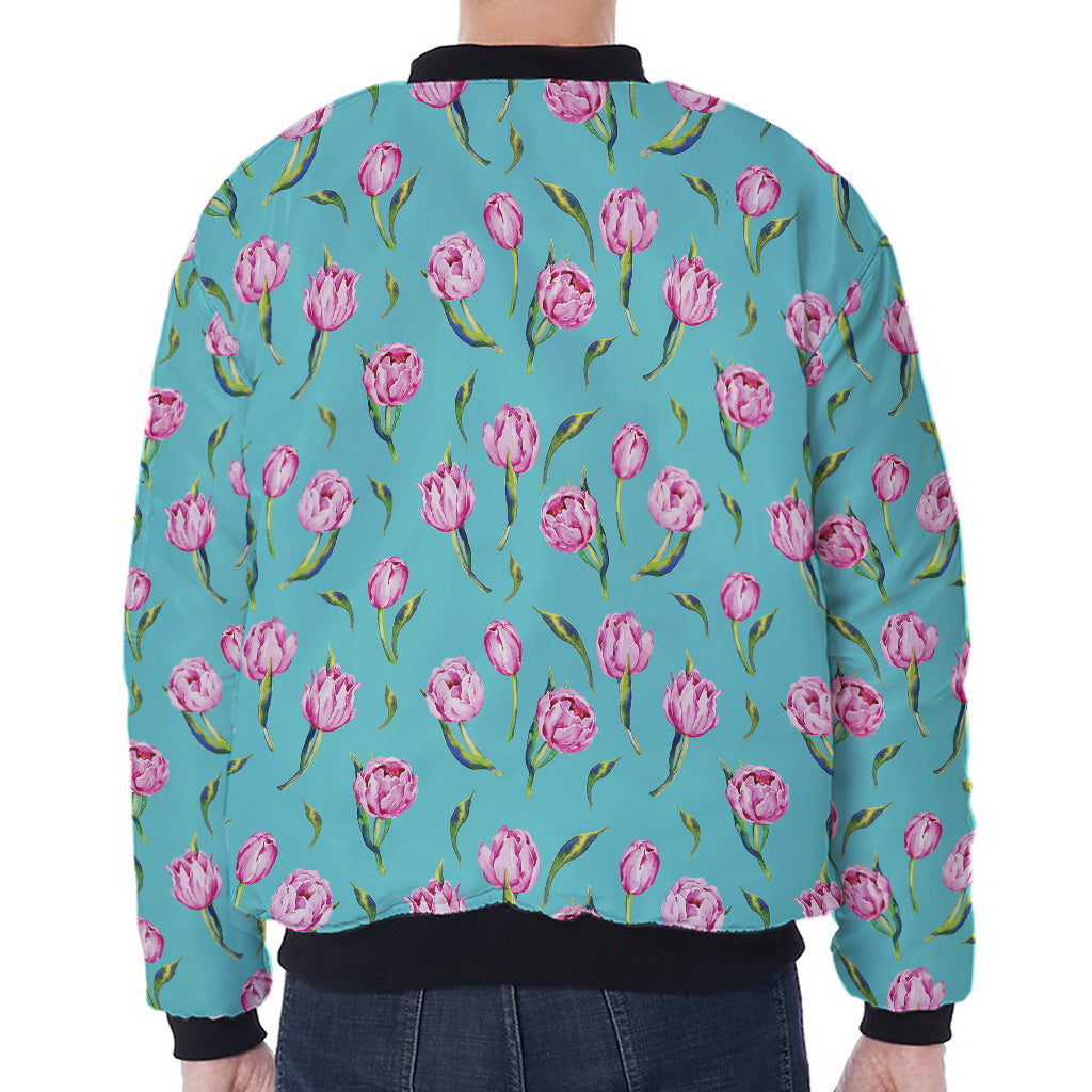 Pink Watercolor Tulip Pattern Print Zip Sleeve Bomber Jacket