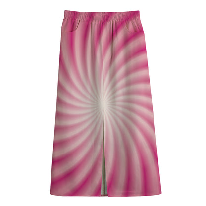 Pink Whirlpool Spiral Print Cotton Front Slit Maxi Skirt