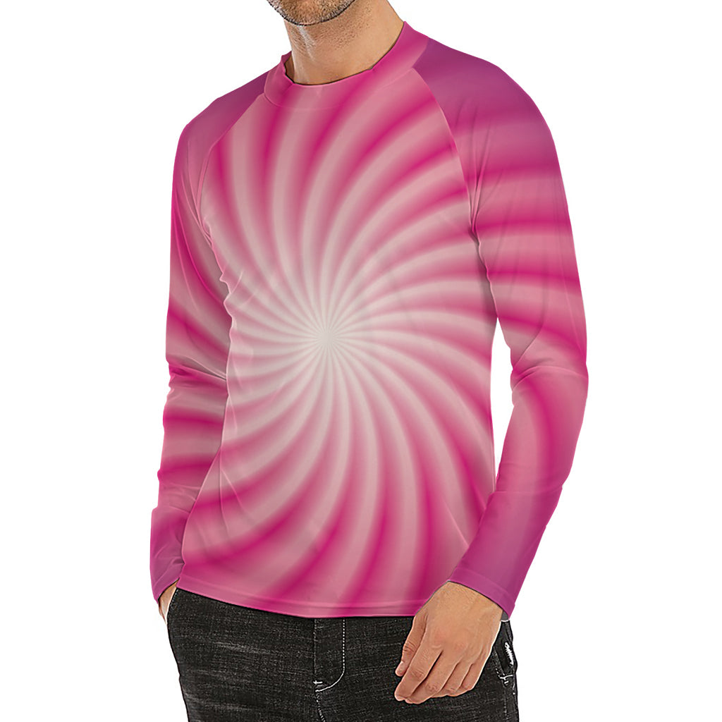 Pink Whirlpool Spiral Print Men's Long Sleeve Rash Guard