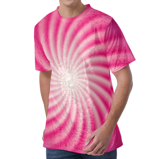 Pink Whirlpool Spiral Print Men's Velvet T-Shirt