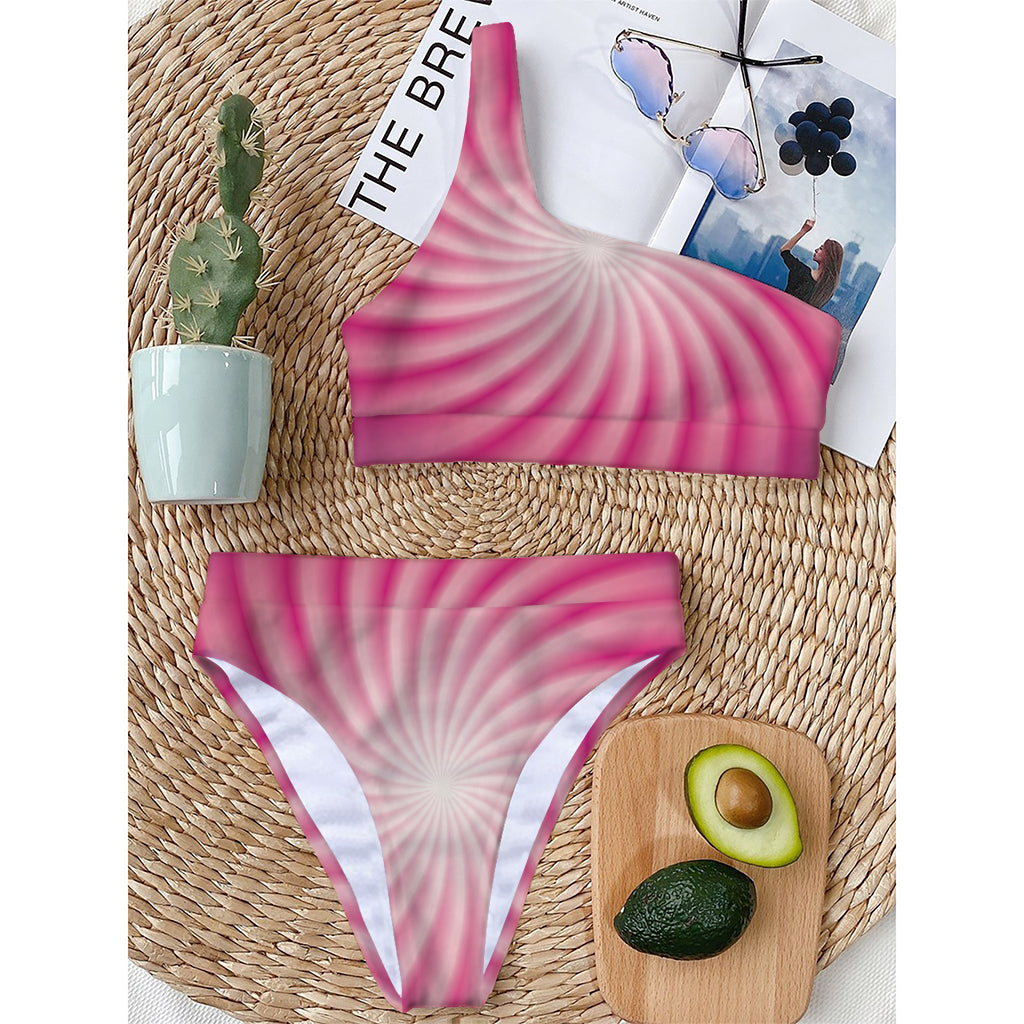 Pink Whirlpool Spiral Print One Shoulder Bikini Top