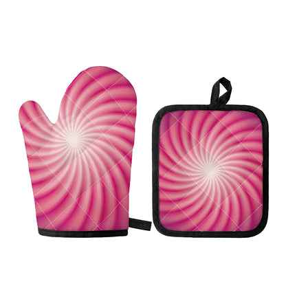 Pink Whirlpool Spiral Print Oven Mitt And Pot Holder Set