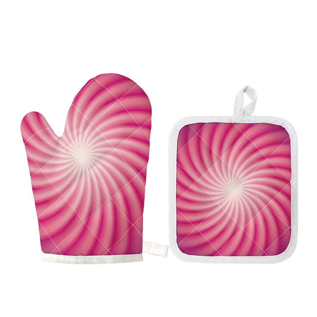 Pink Whirlpool Spiral Print Oven Mitt And Pot Holder Set
