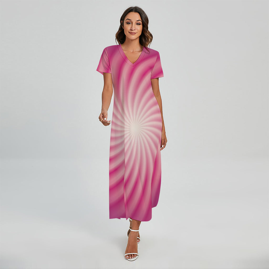 Pink Whirlpool Spiral Print Short Sleeve Maxi Dress