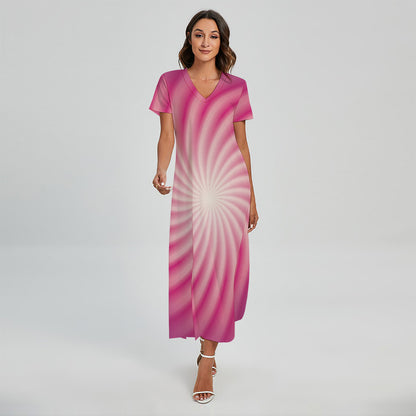 Pink Whirlpool Spiral Print Short Sleeve Maxi Dress