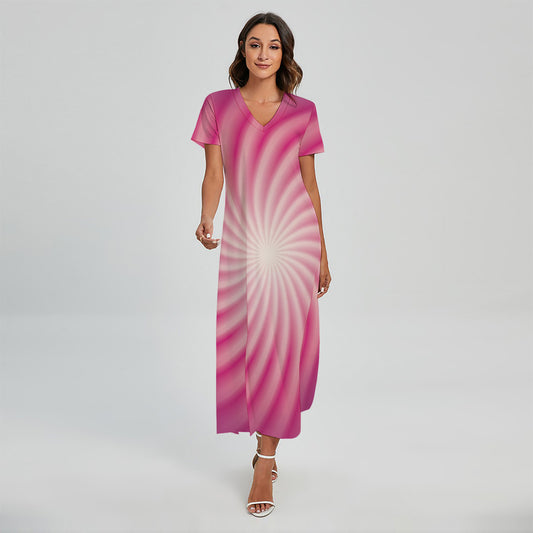 Pink Whirlpool Spiral Print Short Sleeve Maxi Dress