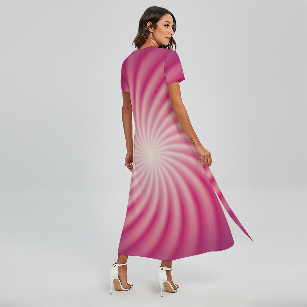 Pink Whirlpool Spiral Print Short Sleeve Maxi Dress