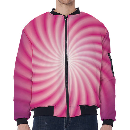 Pink Whirlpool Spiral Print Zip Sleeve Bomber Jacket