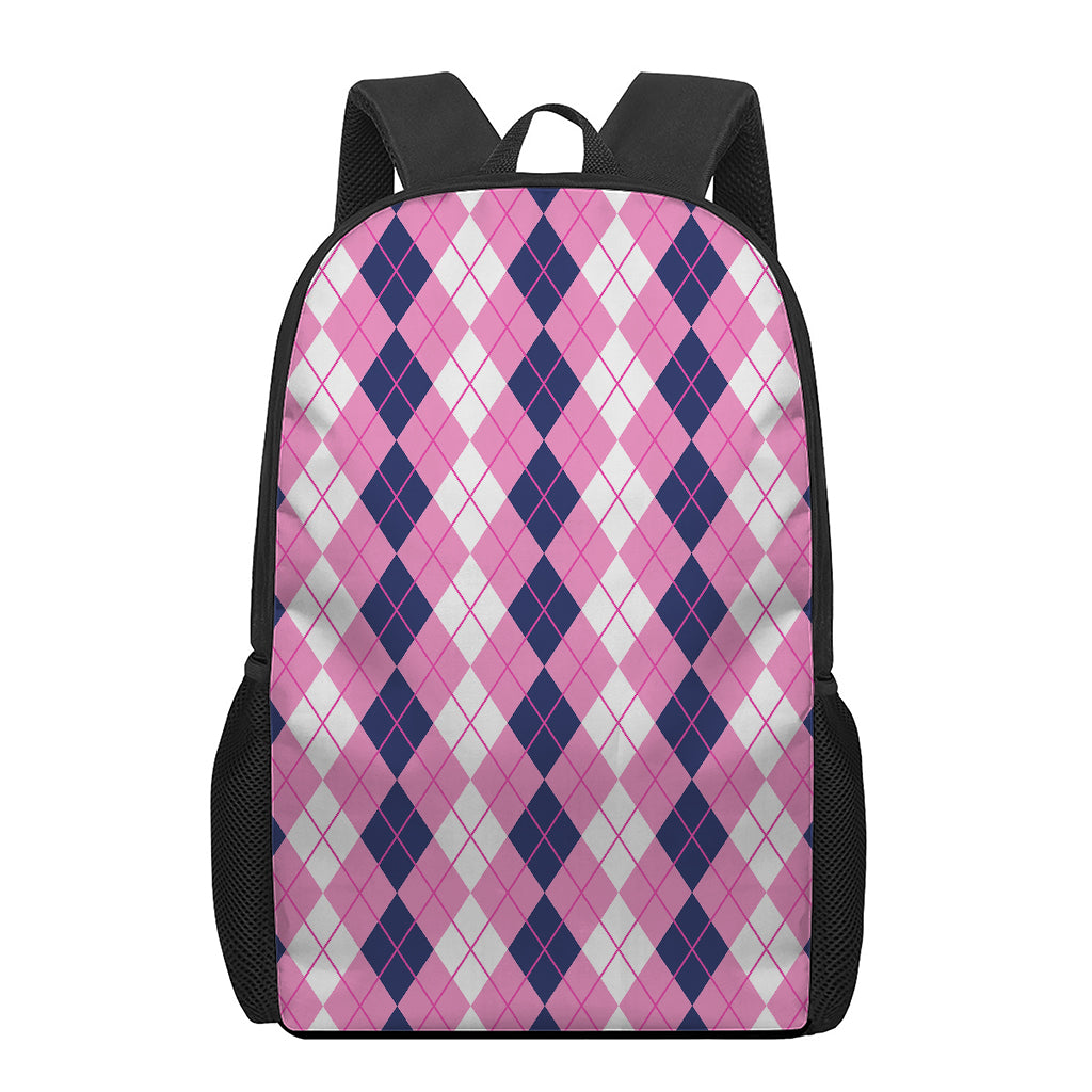 Pink White And Blue Argyle Pattern Print 17 Inch Backpack