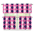 Pink White And Blue Argyle Pattern Print 3 Piece Kitchen Curtains