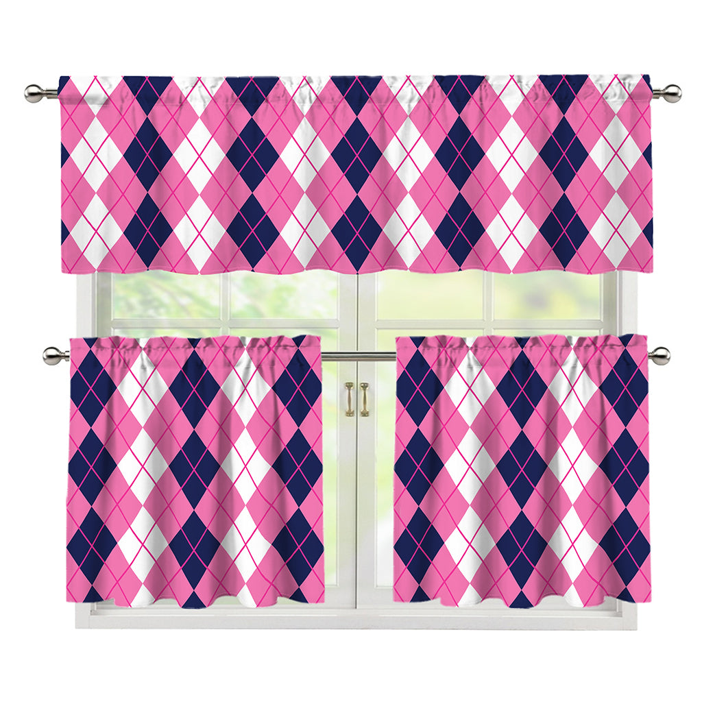 Pink White And Blue Argyle Pattern Print 3 Piece Kitchen Curtains