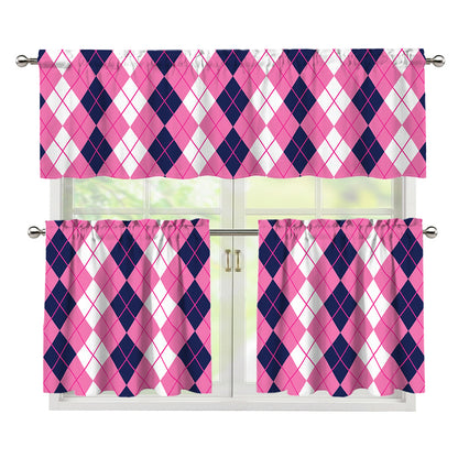 Pink White And Blue Argyle Pattern Print 3 Piece Kitchen Curtains