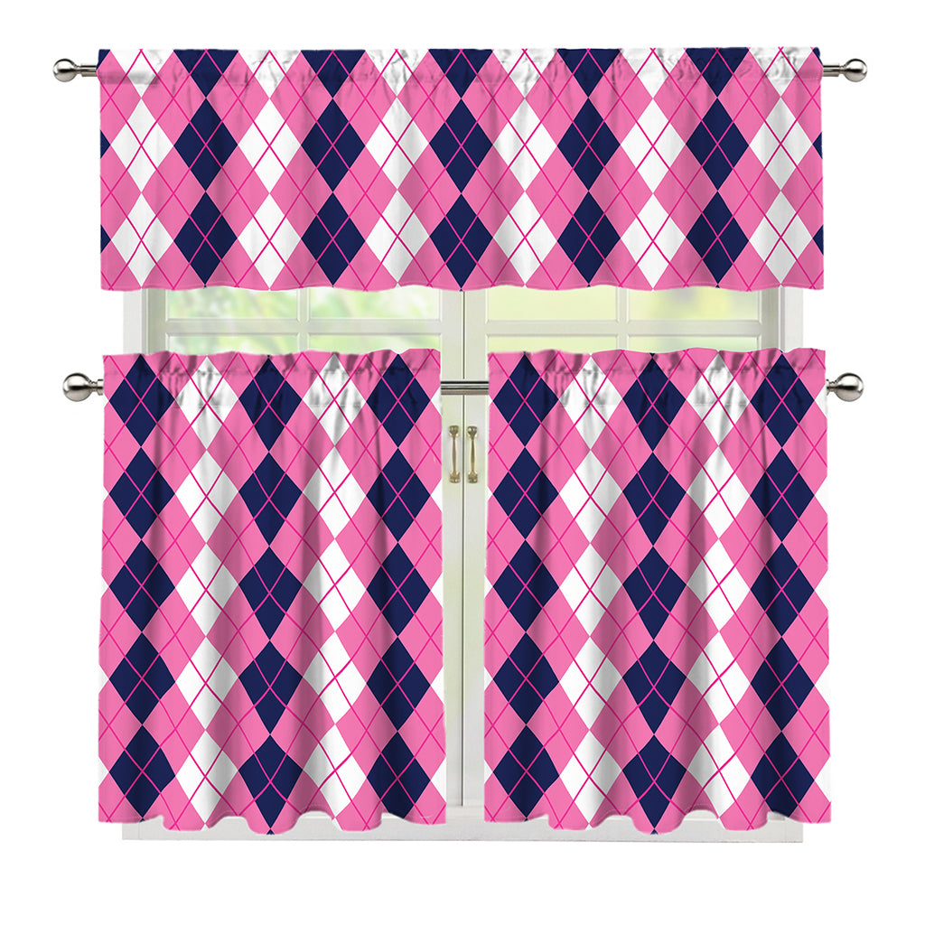 Pink White And Blue Argyle Pattern Print 3 Piece Kitchen Curtains