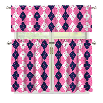 Pink White And Blue Argyle Pattern Print 3 Piece Kitchen Curtains