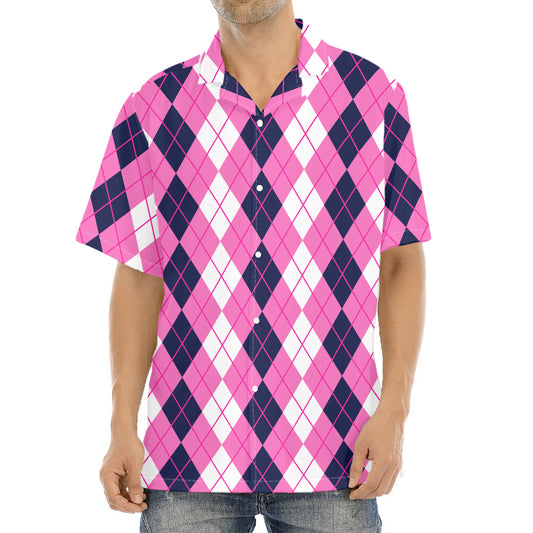 Pink White And Blue Argyle Pattern Print Aloha Shirt
