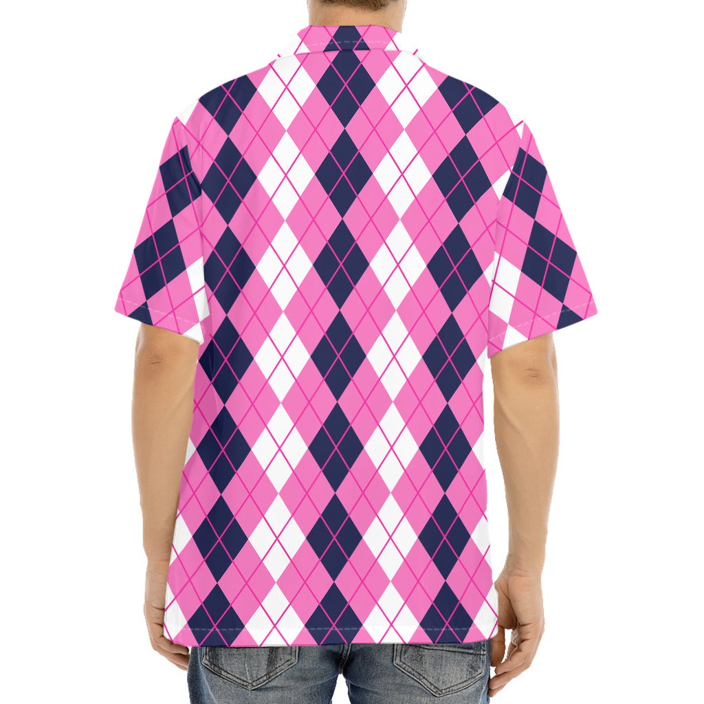 Pink White And Blue Argyle Pattern Print Aloha Shirt