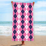 Pink White And Blue Argyle Pattern Print Beach Towel