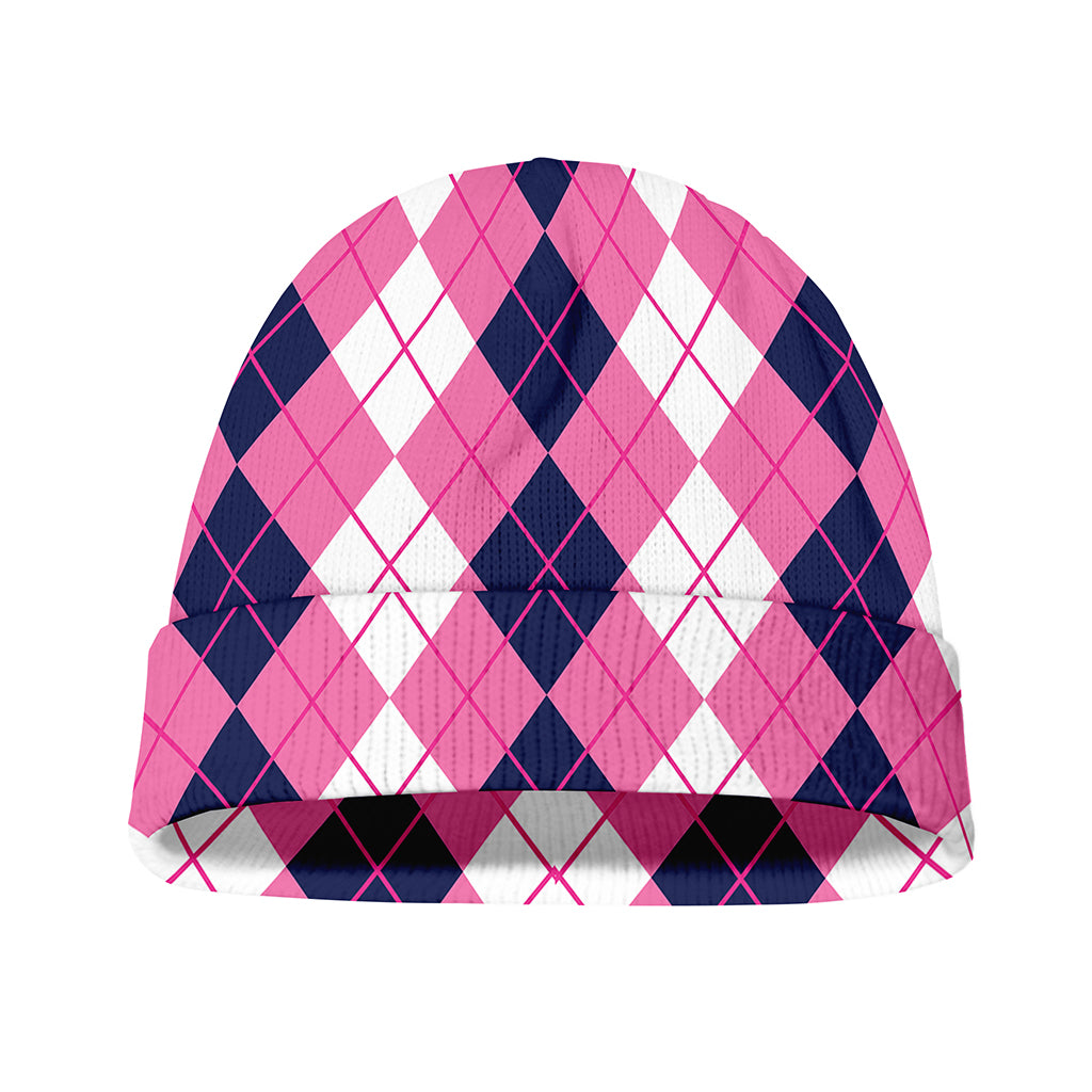 Pink White And Blue Argyle Pattern Print Beanie