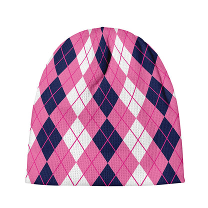 Pink White And Blue Argyle Pattern Print Beanie