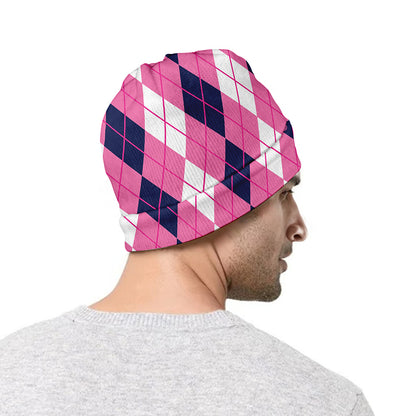 Pink White And Blue Argyle Pattern Print Beanie