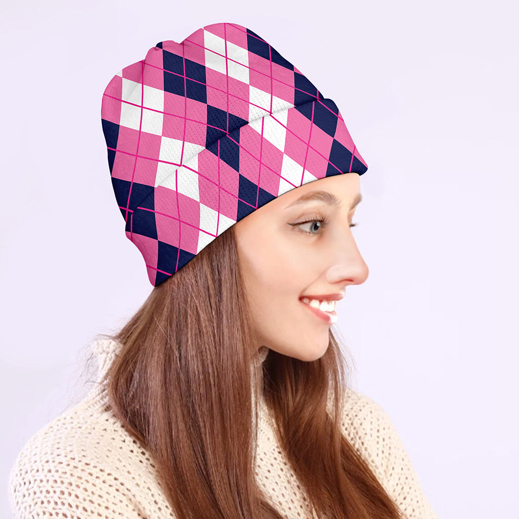 Pink White And Blue Argyle Pattern Print Beanie