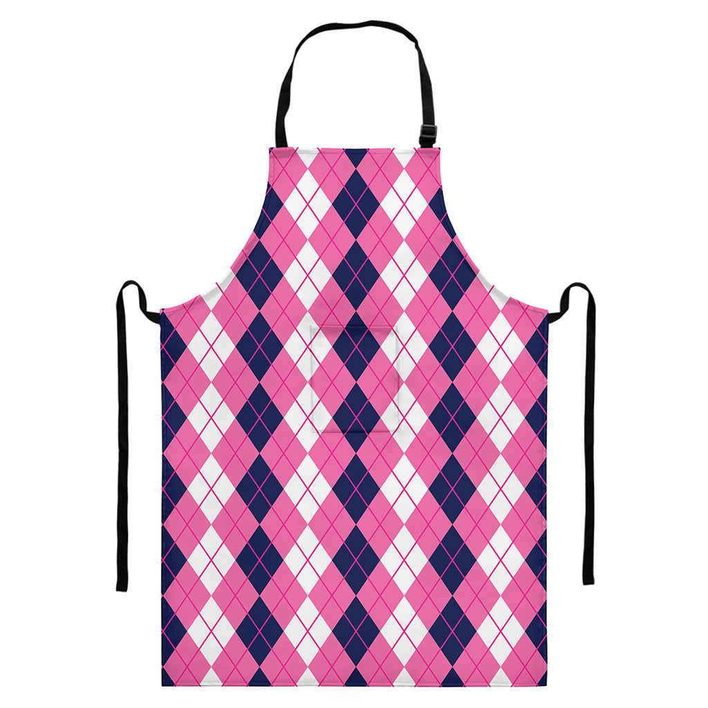 Pink White And Blue Argyle Pattern Print Bib Apron With Pocket