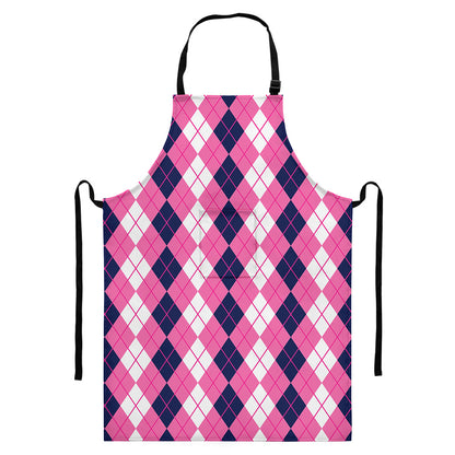 Pink White And Blue Argyle Pattern Print Bib Apron With Pocket