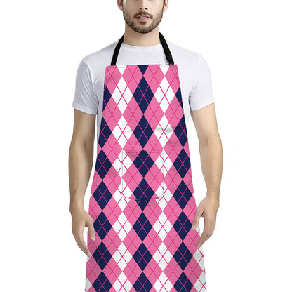 Pink White And Blue Argyle Pattern Print Bib Apron With Pocket