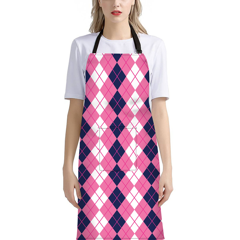 Pink White And Blue Argyle Pattern Print Bib Apron With Pocket