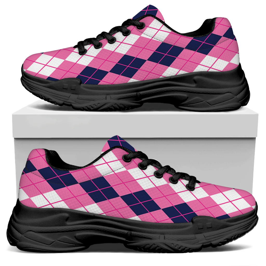 Pink White And Blue Argyle Pattern Print Black Chunky Shoes