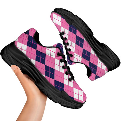 Pink White And Blue Argyle Pattern Print Black Chunky Shoes
