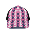Pink White And Blue Argyle Pattern Print Black Mesh Trucker Hat