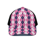 Pink White And Blue Argyle Pattern Print Black Mesh Trucker Cap