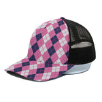 Pink White And Blue Argyle Pattern Print Black Mesh Trucker Cap
