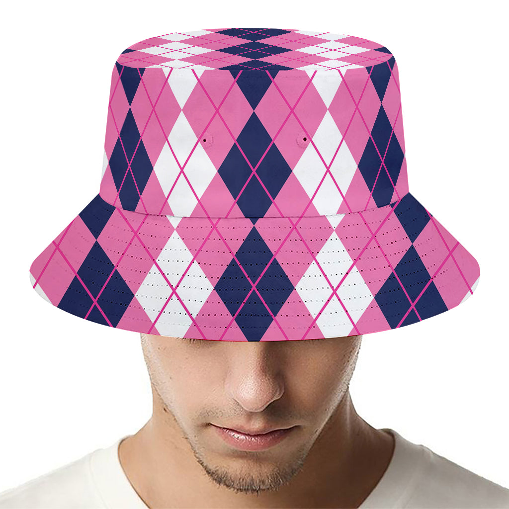 Pink White And Blue Argyle Pattern Print Bucket Hat