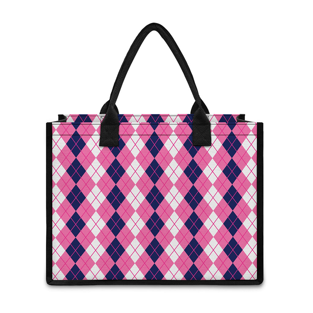 Pink White And Blue Argyle Pattern Print Canvas Tote Bag