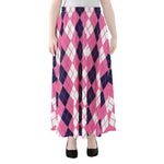 Pink White And Blue Argyle Pattern Print Chiffon Maxi Skirt