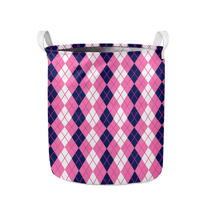 Pink White And Blue Argyle Pattern Print Collapsible Laundry Basket