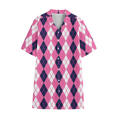 Pink White And Blue Argyle Pattern Print Cotton Hawaiian Shirt
