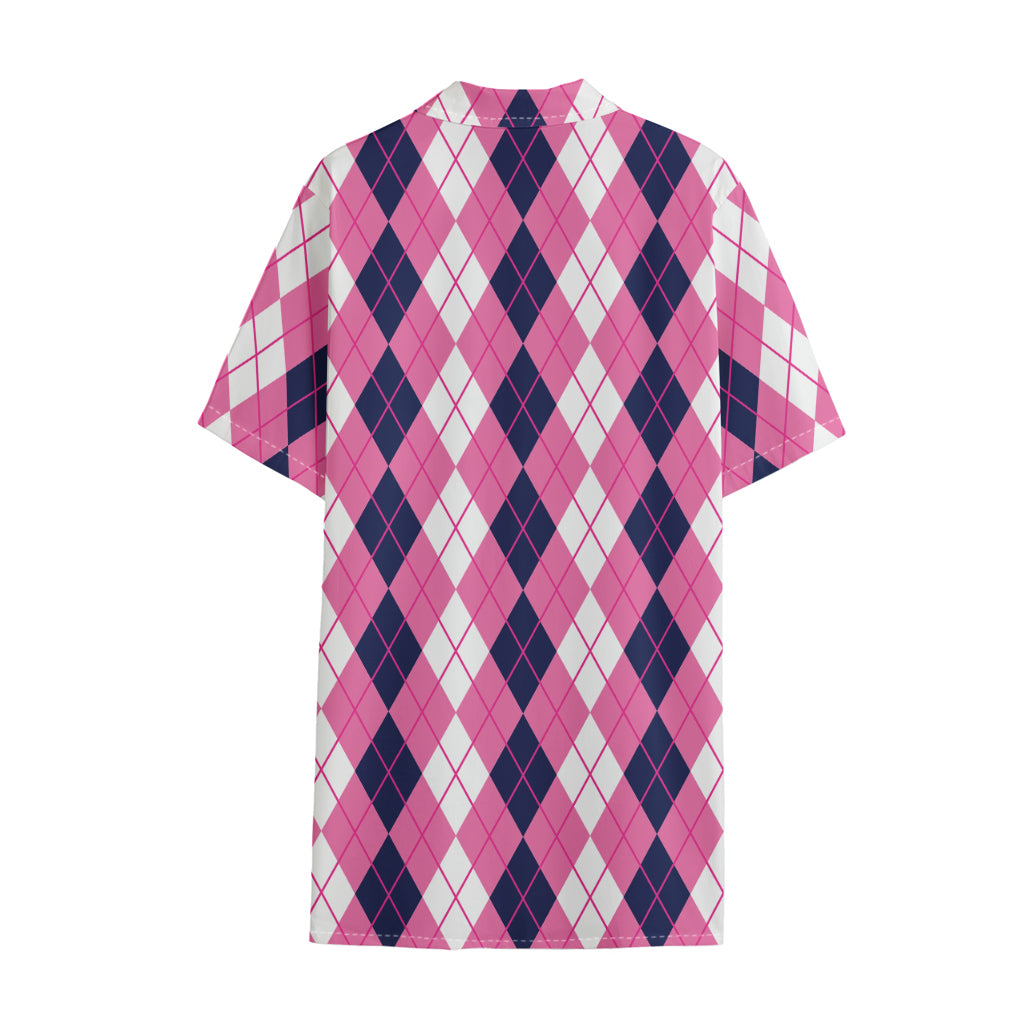 Pink White And Blue Argyle Pattern Print Cotton Hawaiian Shirt