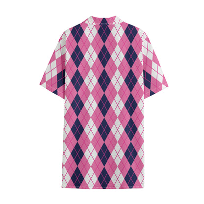Pink White And Blue Argyle Pattern Print Cotton Hawaiian Shirt