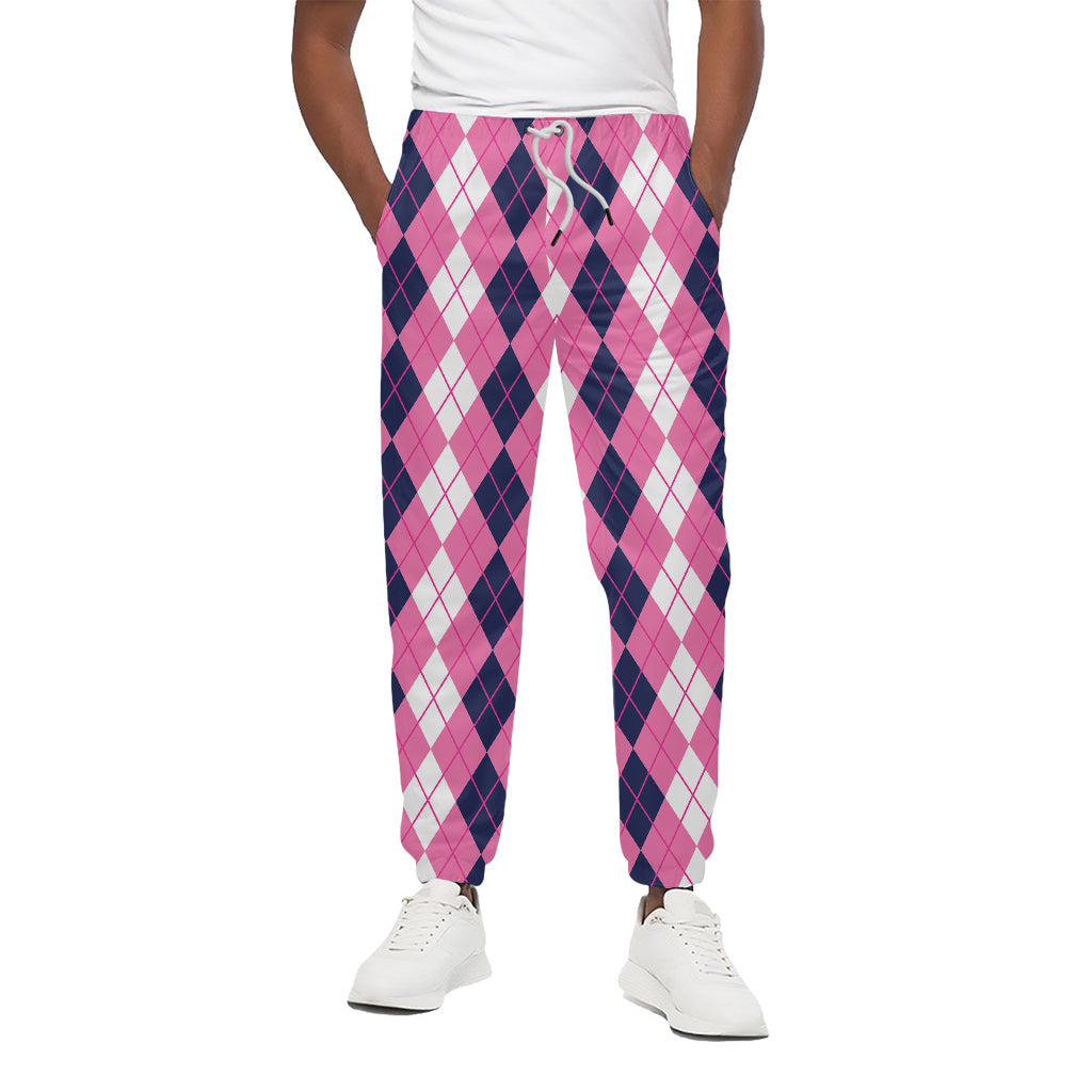 Pink White And Blue Argyle Pattern Print Cotton Pants